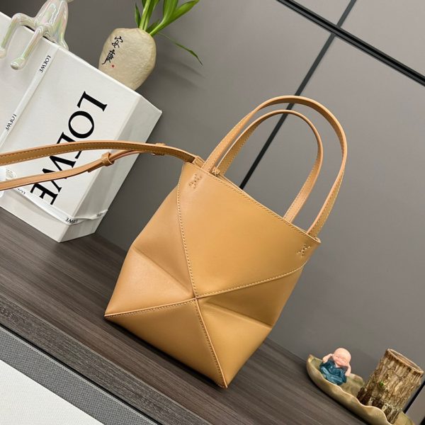 Loewe Mini Puzzle Fold Tote in shiny calfskin Brown(Replica)