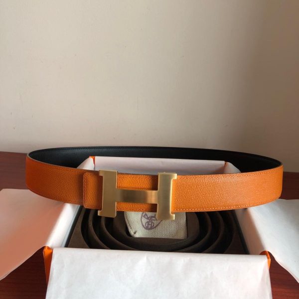 Hermes Mini Constance Guillochee Belt Buckle & Reversible Orange For Women