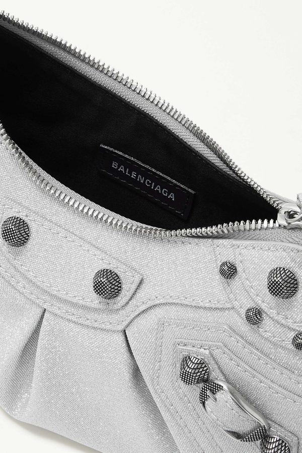 BALENCIAGA Le Cagole XS studded metallic canvas shoulder bag grey - Image 4