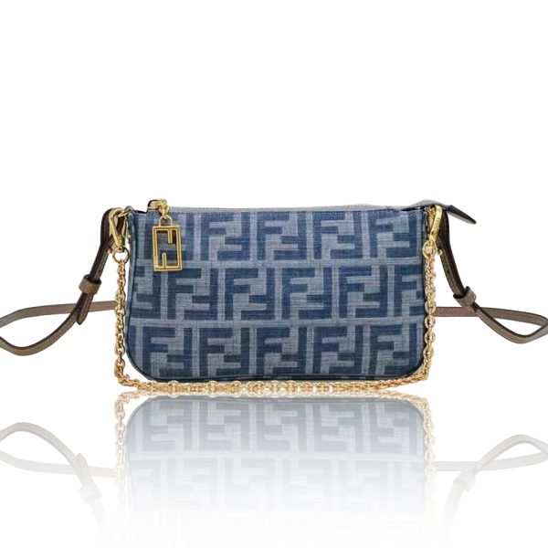 Fendi Baguette Light blue FF chain denim clutch bag  (Replica)