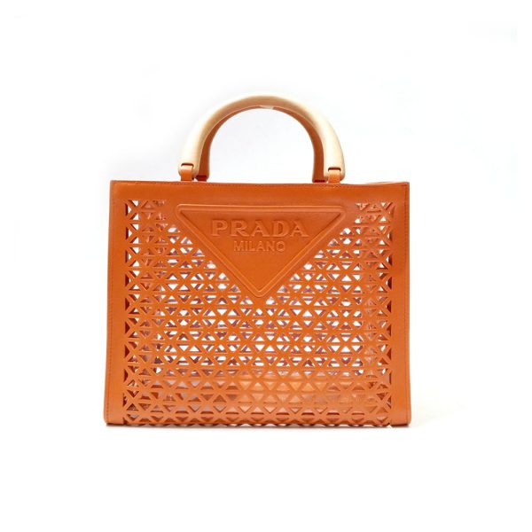 Prada Wooden Handle Hollow Orange Tote Bag